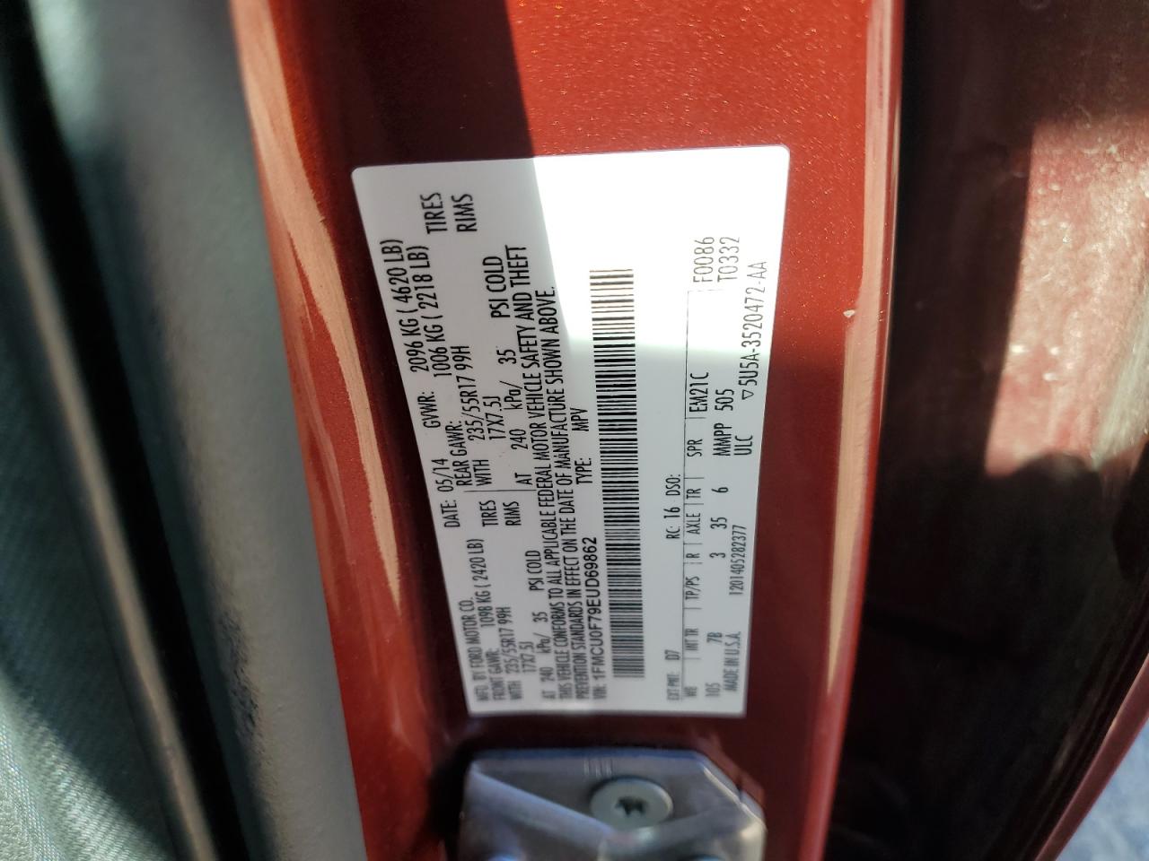 2014 Ford Escape S VIN: 1FMCU0F79EUD69862 Lot: 86626285
