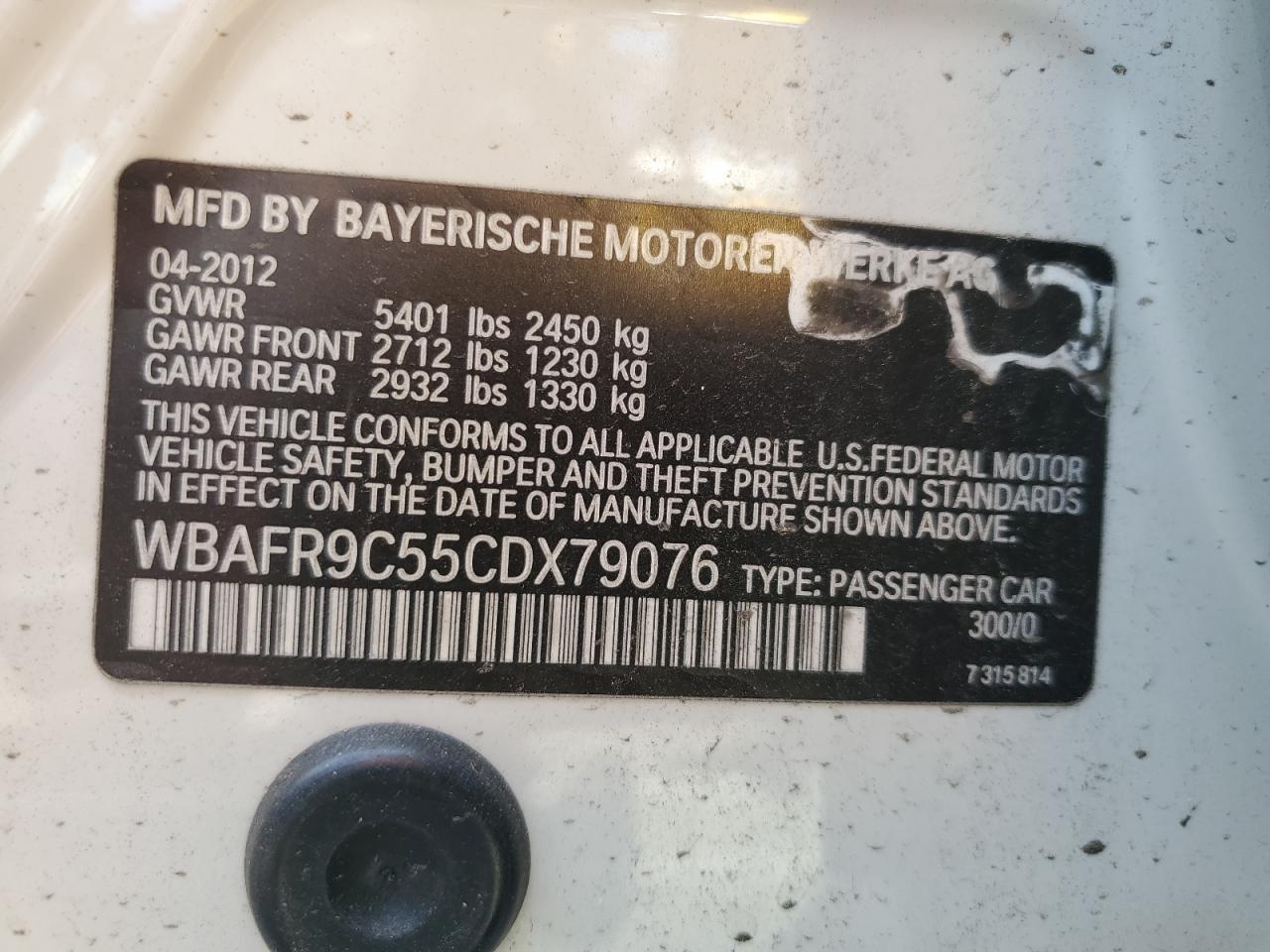 2012 BMW 550 I VIN: WBAFR9C55CDX79076 Lot: 85178425