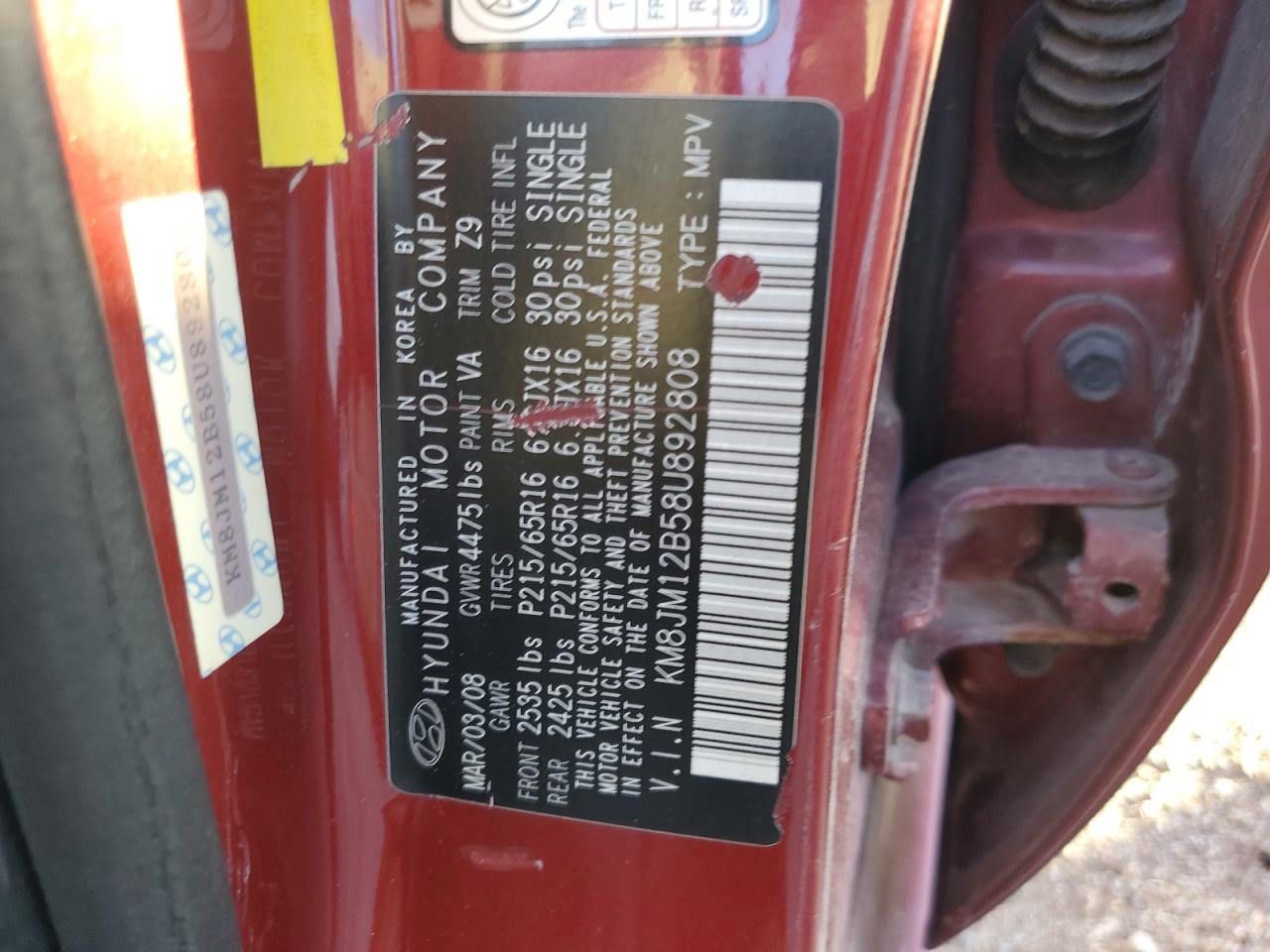 2008 Hyundai Tucson Gls VIN: KM8JM12B58U892808 Lot: 87254805