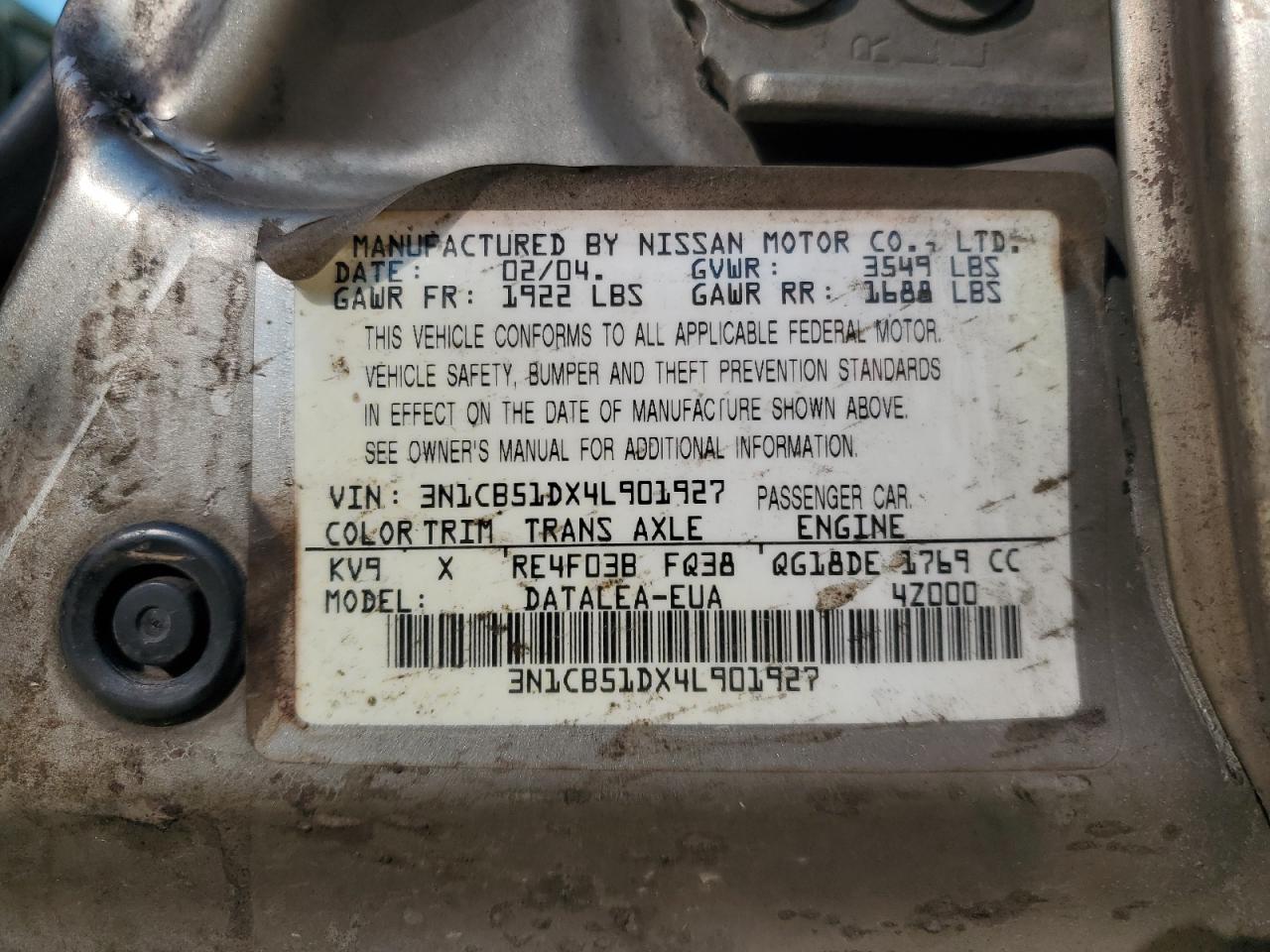2004 Nissan Sentra 1.8 VIN: 3N1CB51DX4L901927 Lot: 85672425