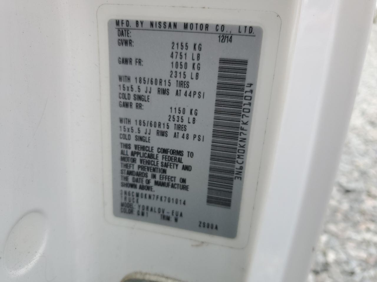 2015 Nissan Nv200 2.5S VIN: 3N6CM0KN7FK701014 Lot: 82506755