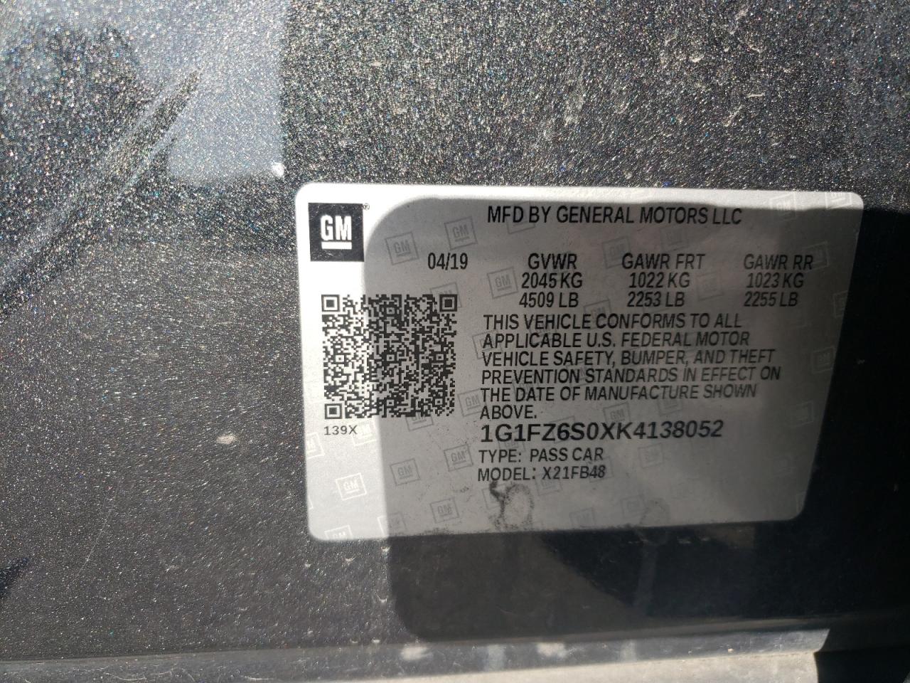 2019 Chevrolet Bolt Ev Premier VIN: 1G1FZ6S0XK4138052 Lot: 84962775