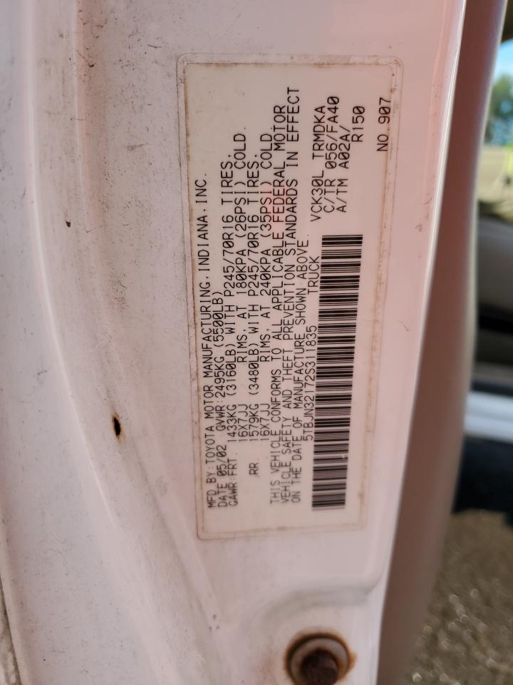 2002 Toyota Tundra VIN: 5TBJN32172S311835 Lot: 85136235