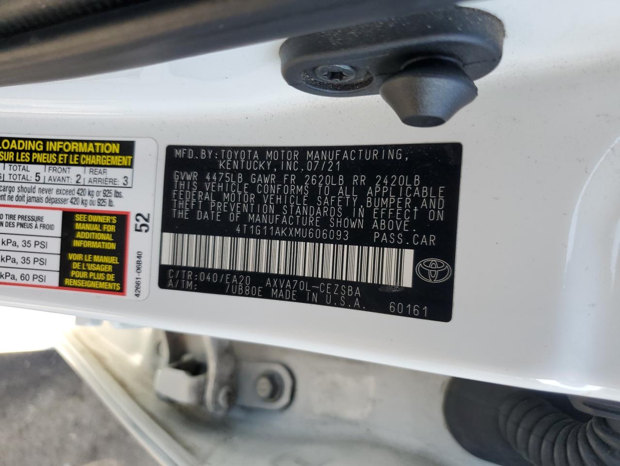 2021 Toyota Camry Se VIN: 4T1G11AKXMU606093 Lot: 86126445