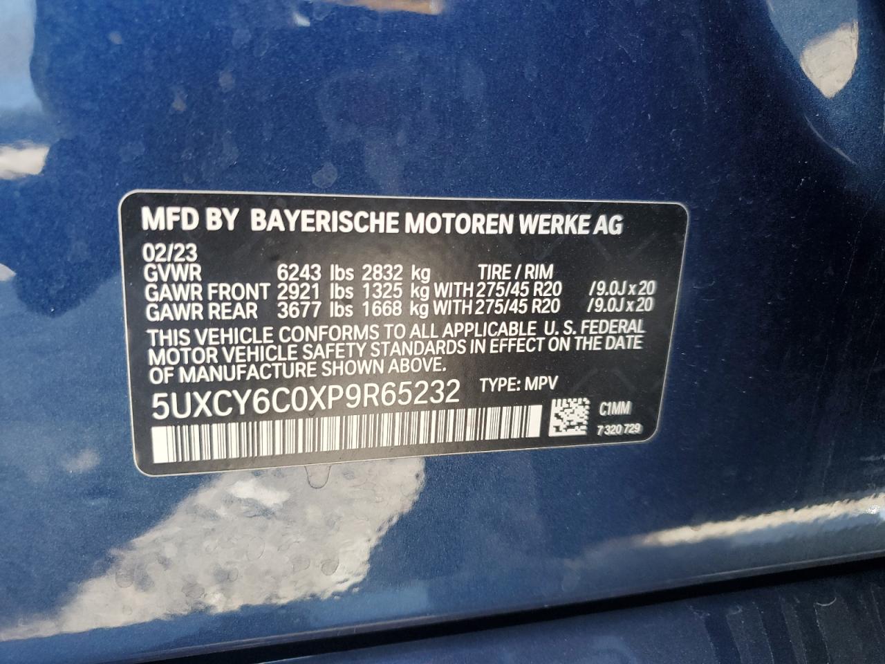 2023 BMW X6 xDrive40I VIN: 5UXCY6C0XP9R65232 Lot: 71552855