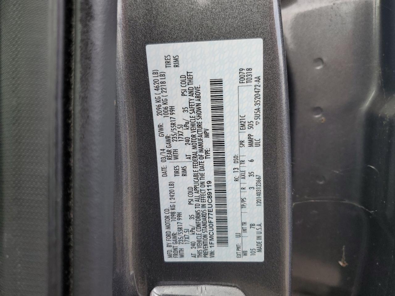 2014 Ford Escape S VIN: 1FMCU0F77EUC89119 Lot: 85699225