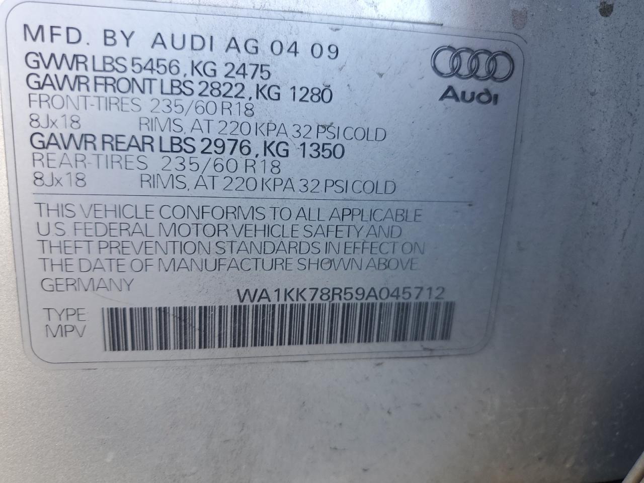 2009 Audi Q5 3.2 VIN: WA1KK78R59A045712 Lot: 86524535