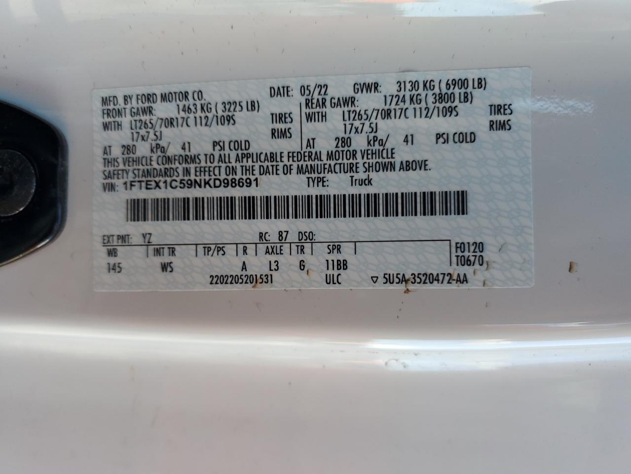 2022 Ford F150 Super Cab VIN: 1FTEX1C59NKD98691 Lot: 85506645