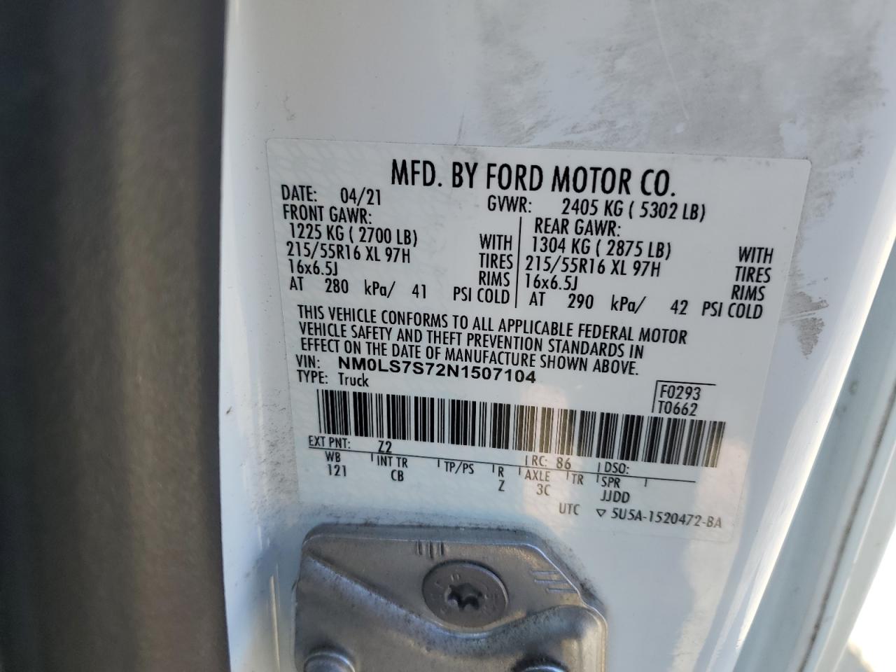 2022 Ford Transit Connect Utility / Service Van VIN: NM0LS7S72N1507104 Lot: 91098895