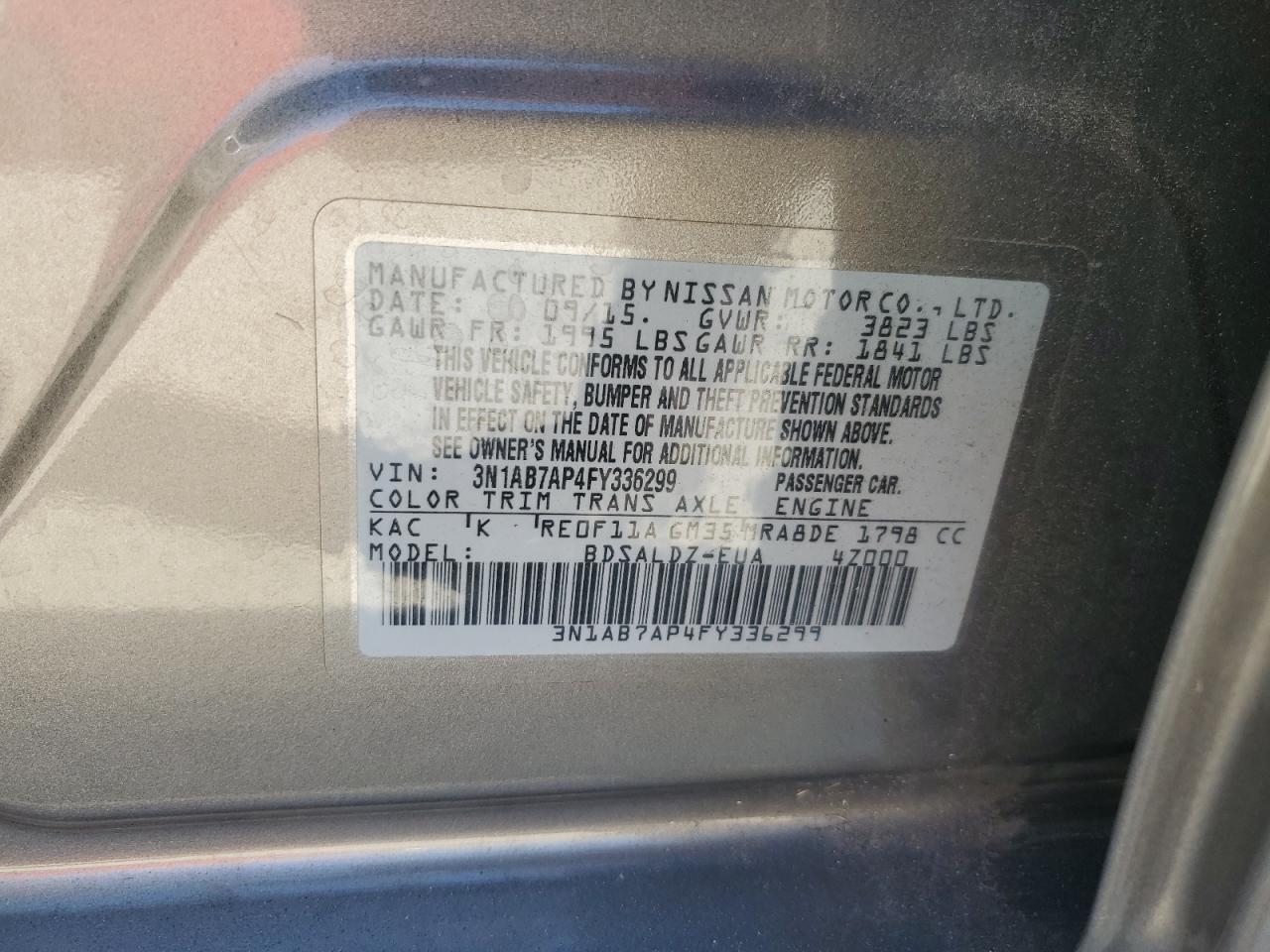 2015 Nissan Sentra S VIN: 3N1AB7AP4FY336299 Lot: 87272525