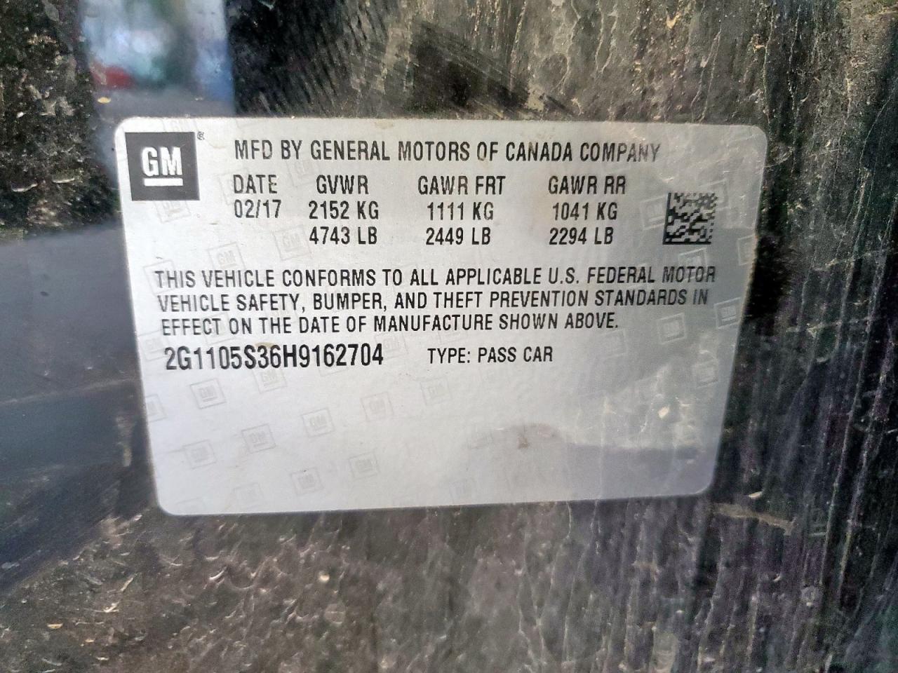 2017 Chevrolet Impala Lt VIN: 2G1105S36H9162704 Lot: 82359835