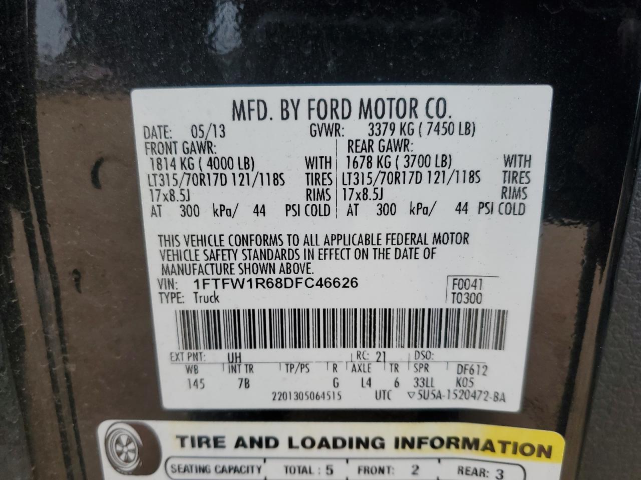 2013 Ford F150 Svt Raptor VIN: 1FTFW1R68DFC46626 Lot: 90605125