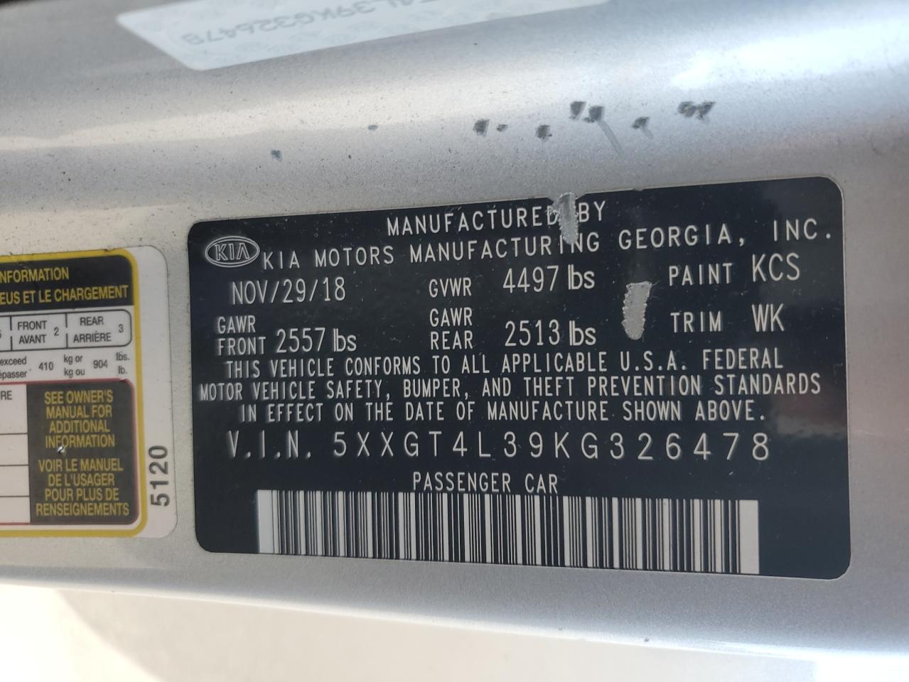 2019 Kia Optima Lx VIN: 5XXGT4L39KG326478 Lot: 84603745