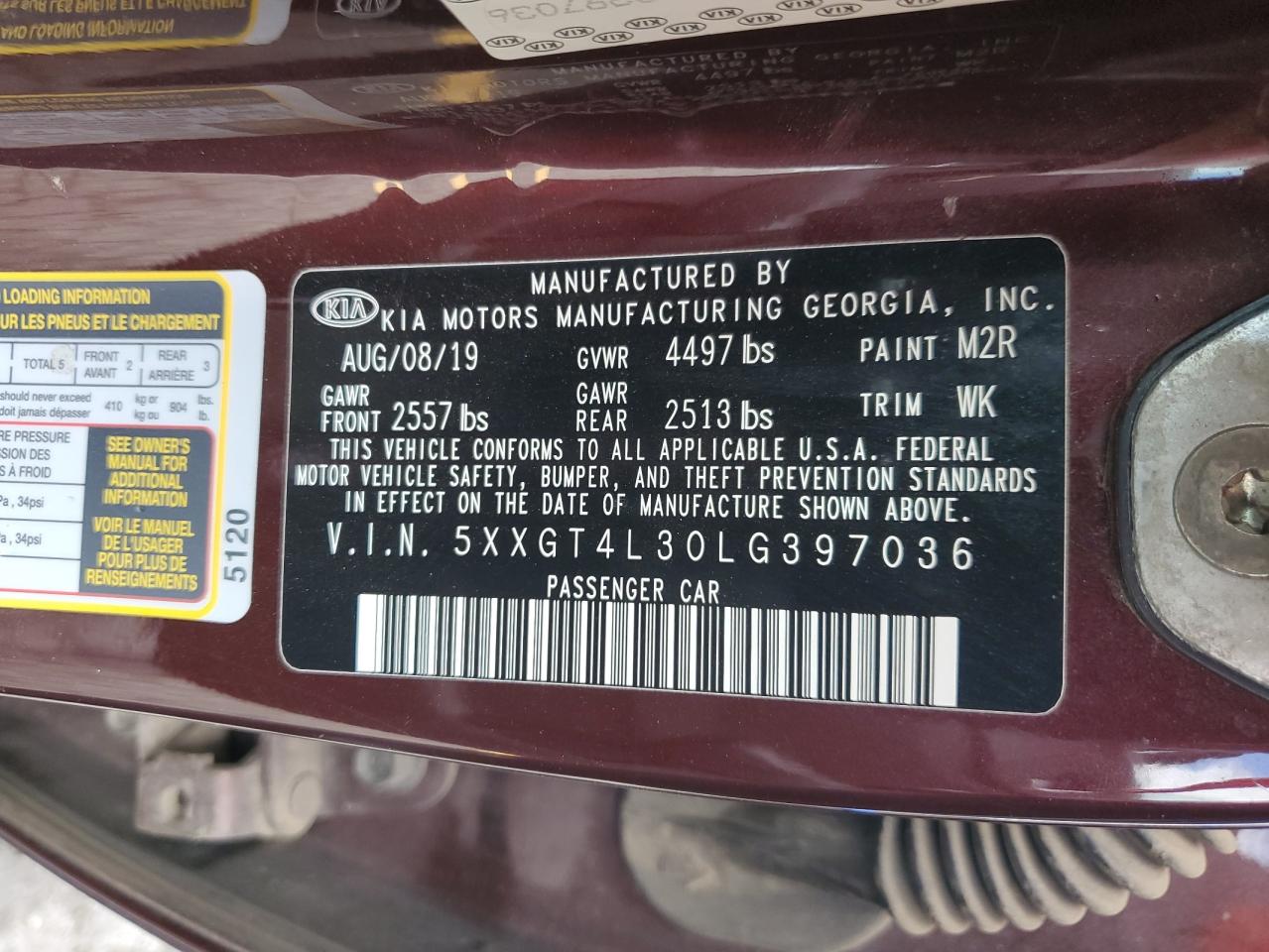 2020 Kia Optima Lx VIN: 5XXGT4L30LG397036 Lot: 84983735