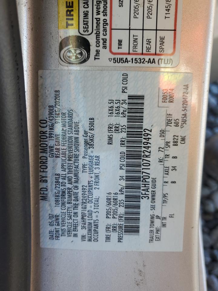 2007 Ford Fusion Se VIN: 3FAHP07107R249492 Lot: 84522695