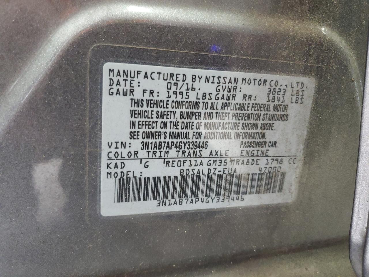 2016 Nissan Sentra S VIN: 3N1AB7AP4GY339446 Lot: 84962755