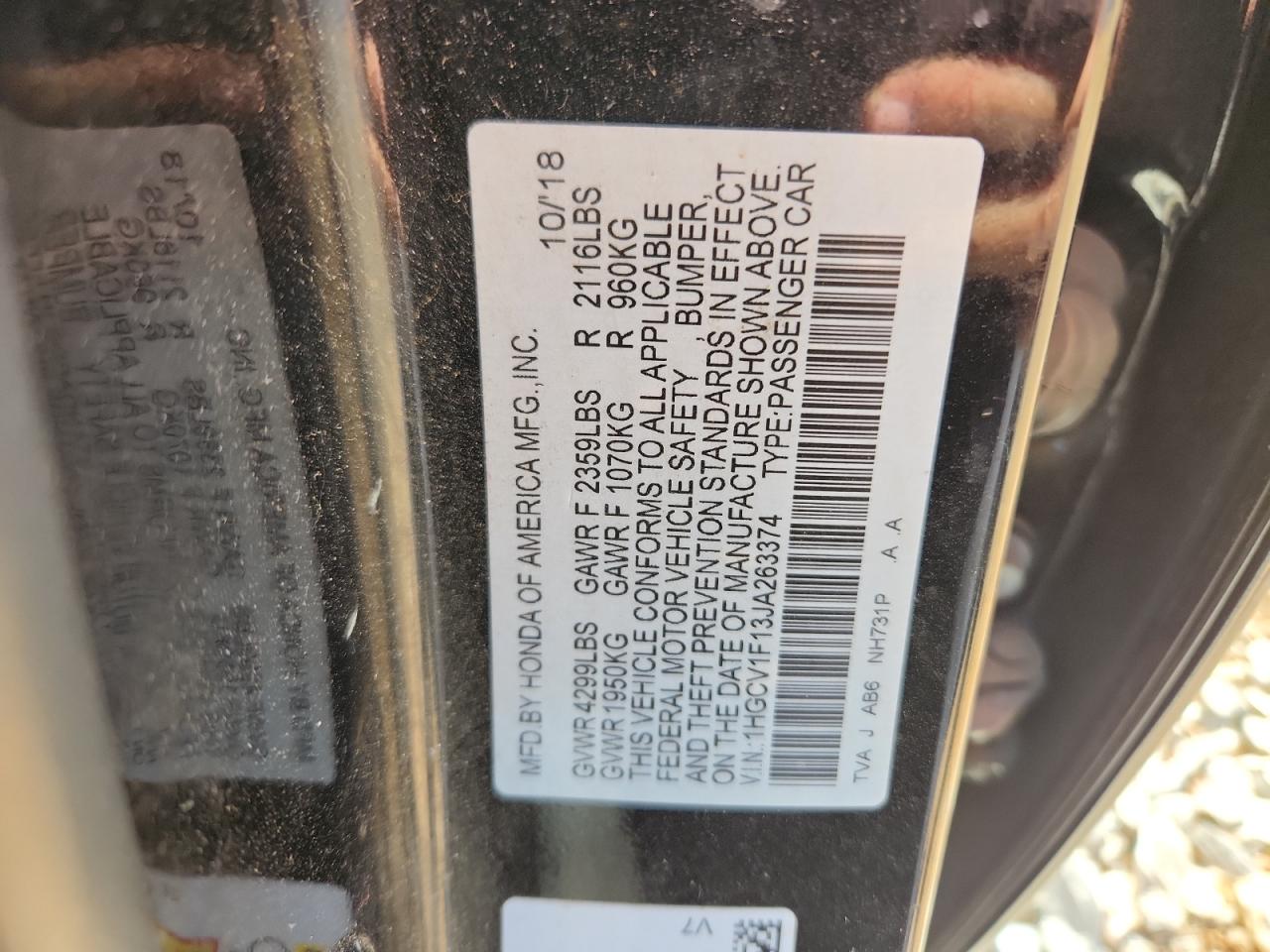 2018 Honda Accord Lx VIN: 1HGCV1F13JA263374 Lot: 81922895