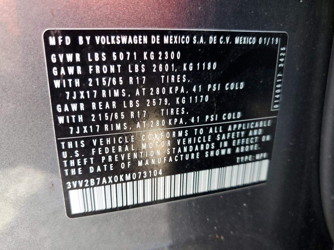 2019 Volkswagen Tiguan Se VIN: 3VV2B7AX0KM073104 Lot: 86450675