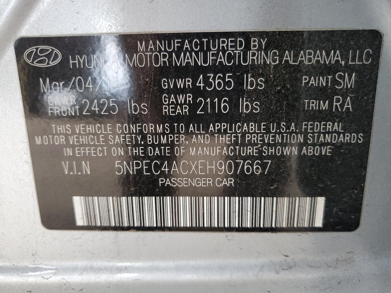 2014 Hyundai Sonata Se VIN: 5NPEC4ACXEH907667 Lot: 82420925