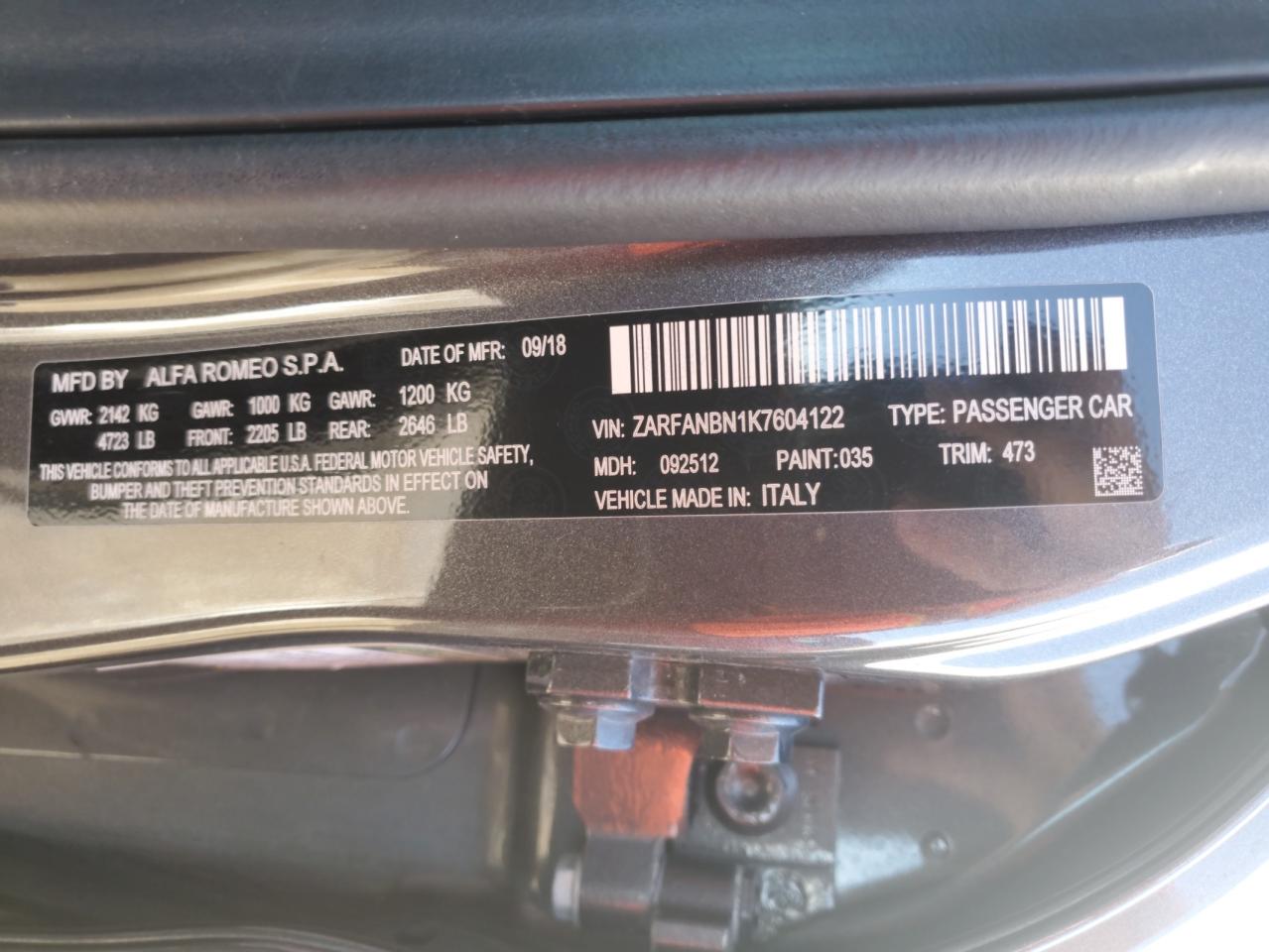 2019 Alfa Romeo Giulia Ti VIN: ZARFANBN1K7604122 Lot: 85537675