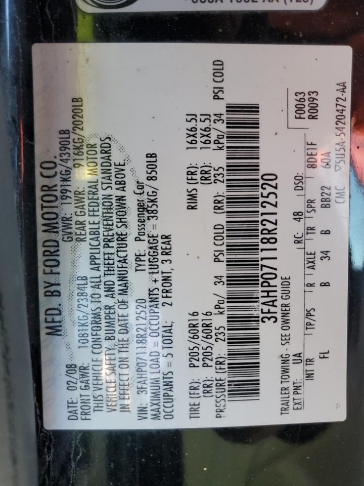 2008 Ford Fusion Se VIN: 3FAHP07118R212520 Lot: 89685065