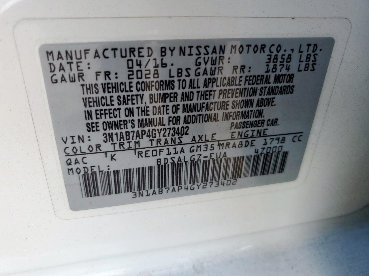 2016 Nissan Sentra S VIN: 3N1AB7AP4GY273402 Lot: 85580525