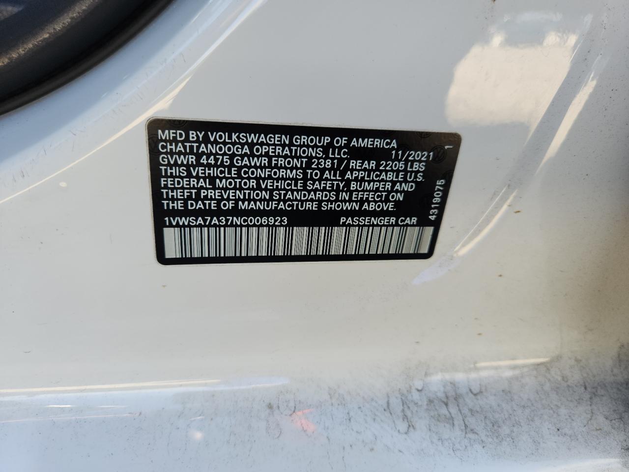 2022 Volkswagen Passat Se VIN: 1VWSA7A37NC006923 Lot: 84882425