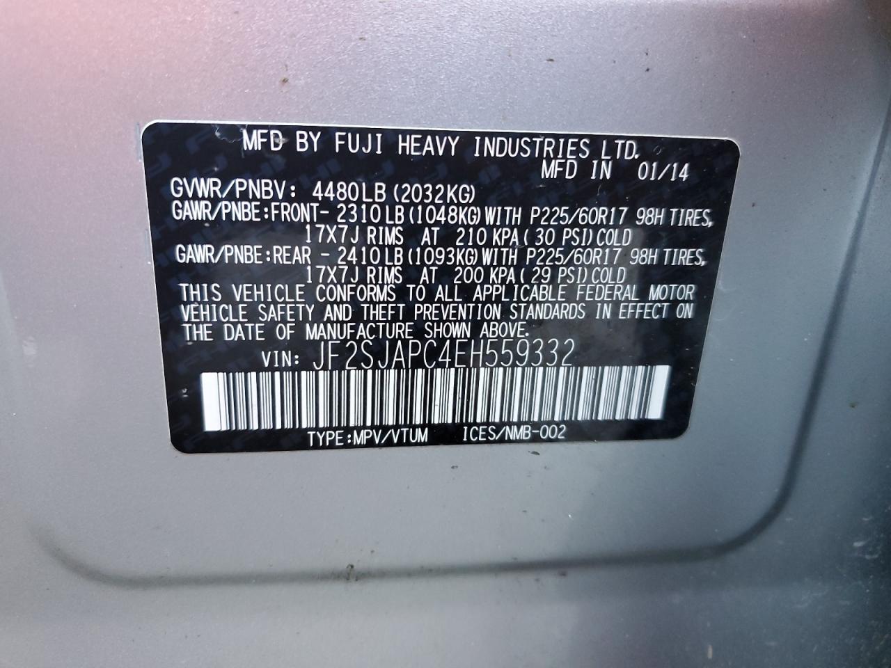 2014 Subaru Forester 2.5I Touring VIN: JF2SJAPC4EH559332 Lot: 90100485