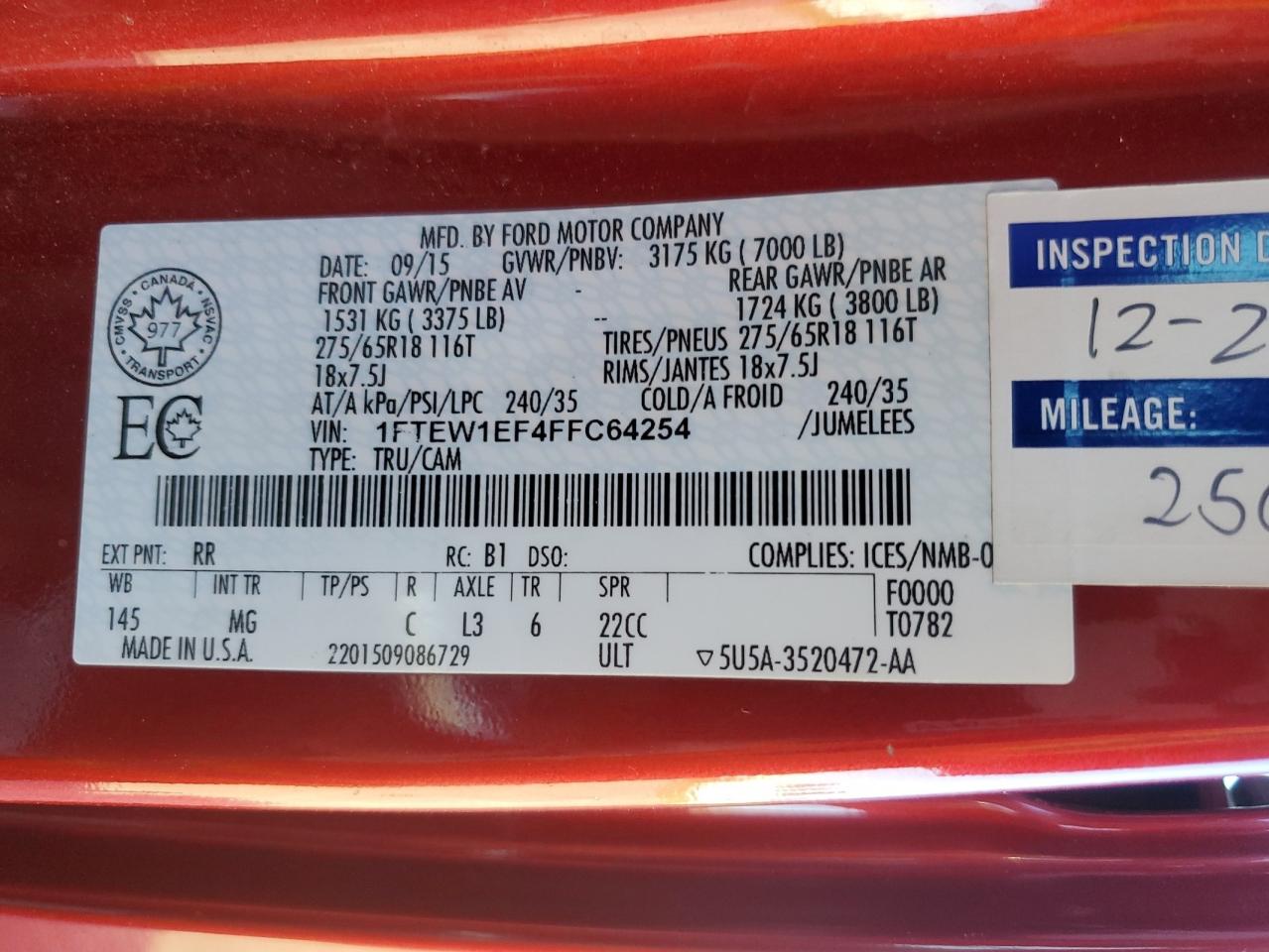 2015 Ford F150 Supercrew VIN: 1FTEW1EF4FFC64254 Lot: 82251695