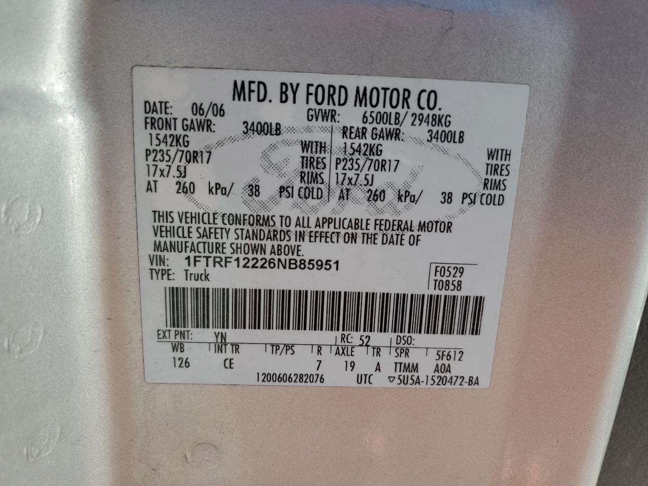 2006 Ford F150 VIN: 1FTRF12226NB85951 Lot: 90142735