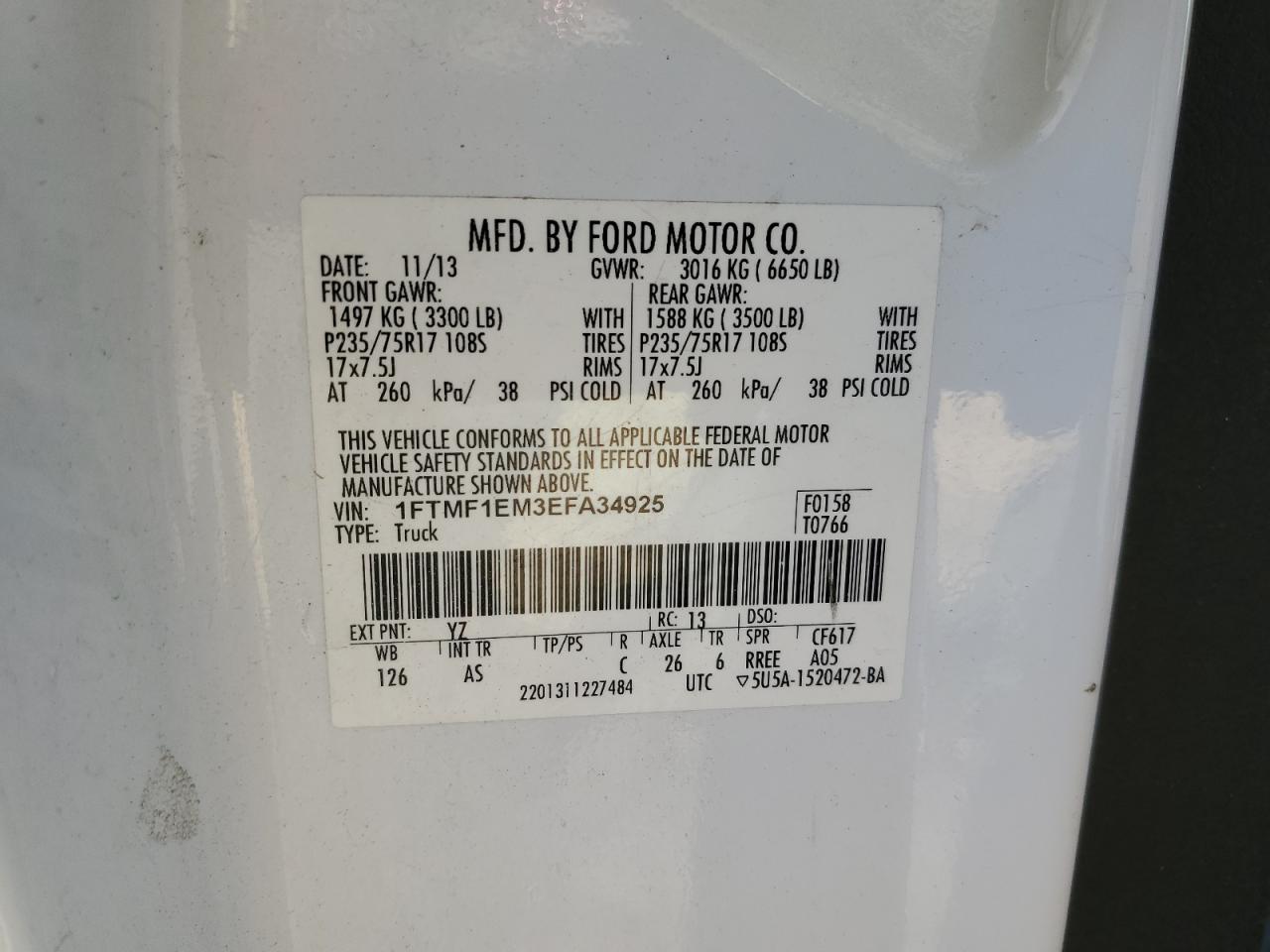 2014 Ford F150 VIN: 1FTMF1EM3EFA34925 Lot: 84563965