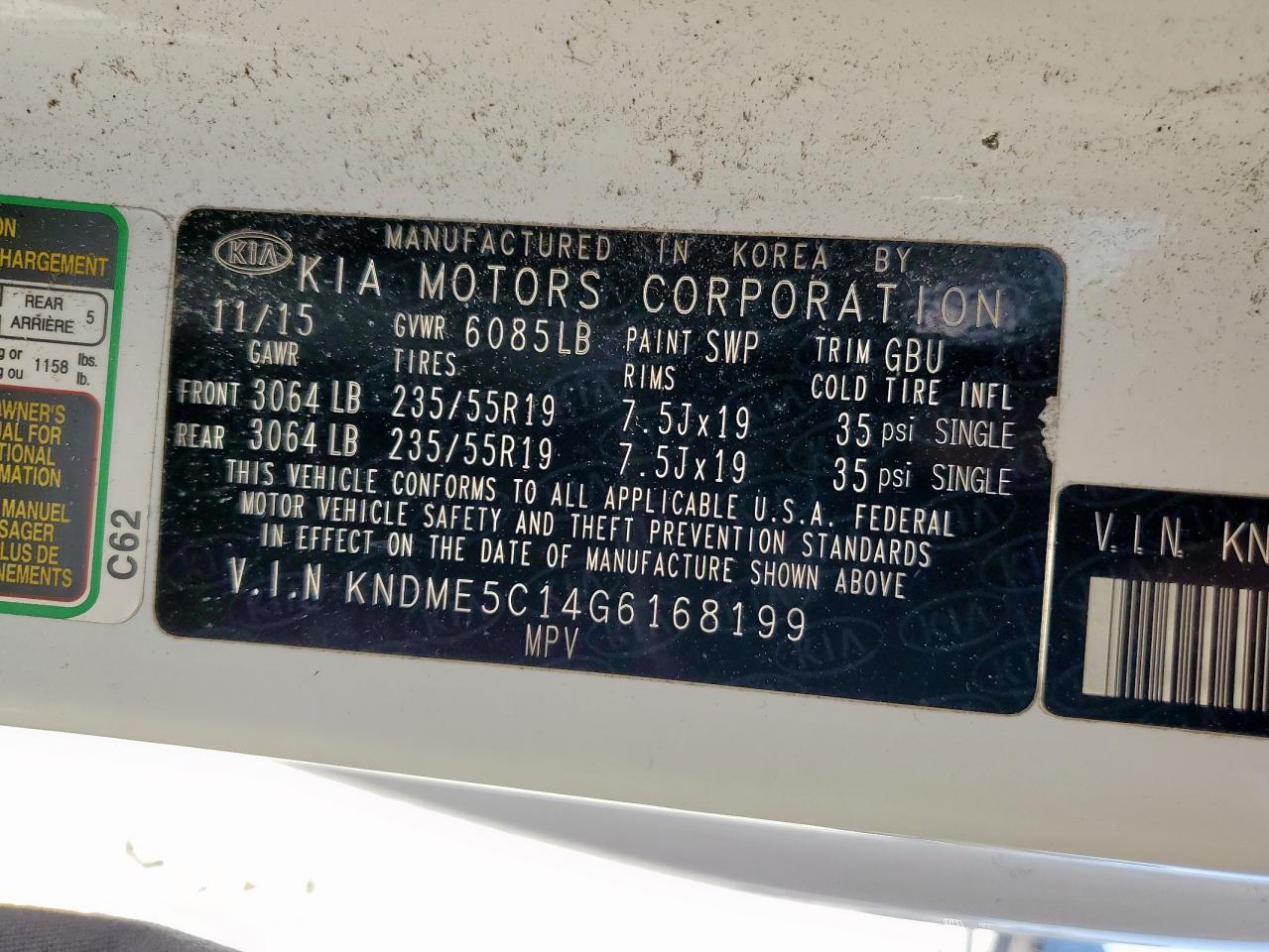 2016 Kia Sedona Sxl VIN: KNDME5C14G6168199 Lot: 90267295