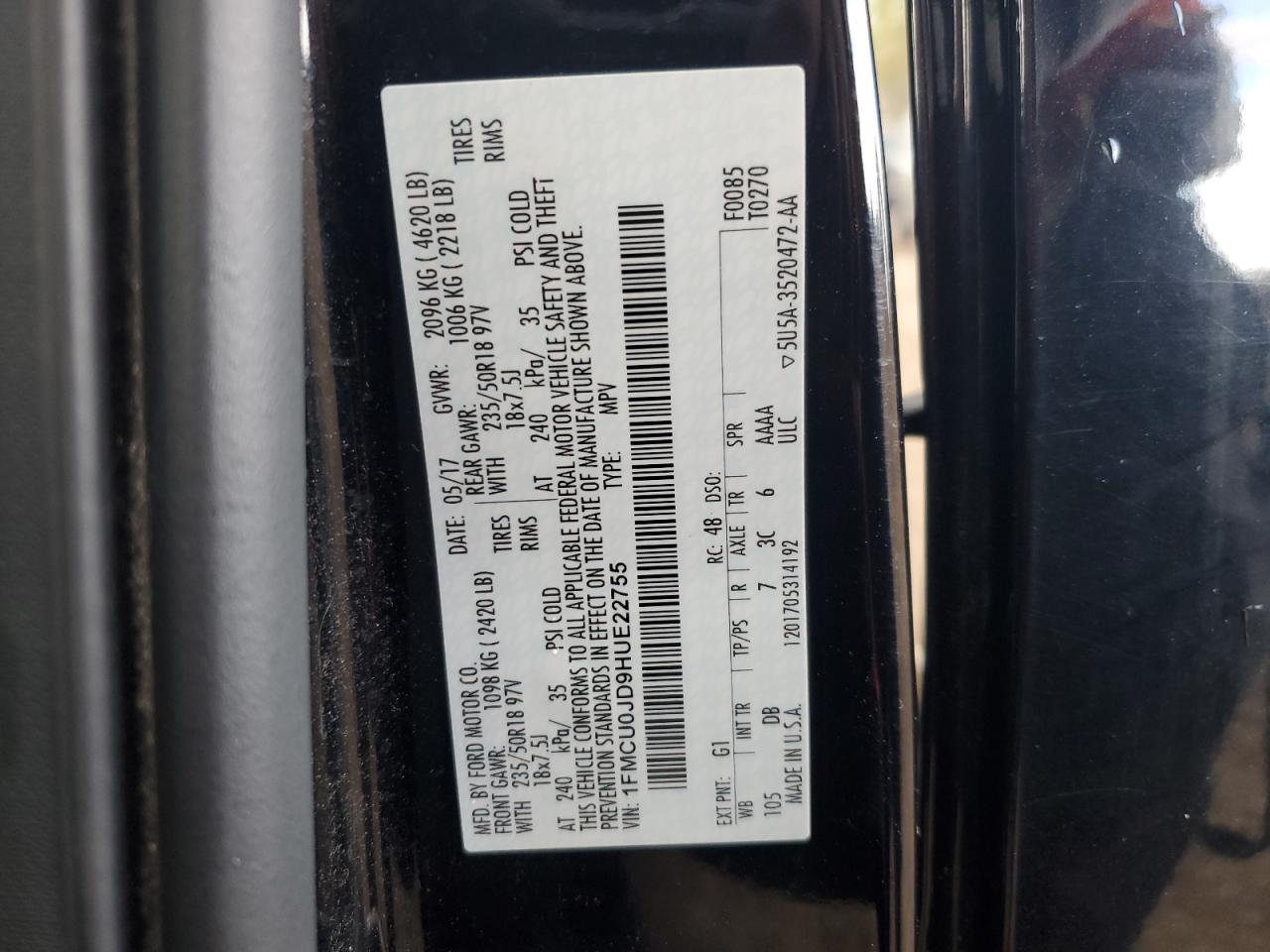 2017 Ford Escape Titanium VIN: 1FMCU0JD9HUE22755 Lot: 87491745