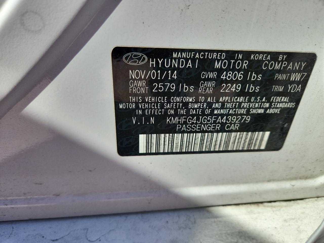 2015 Hyundai Azera VIN: KMHFG4JG5FA439279 Lot: 90951565