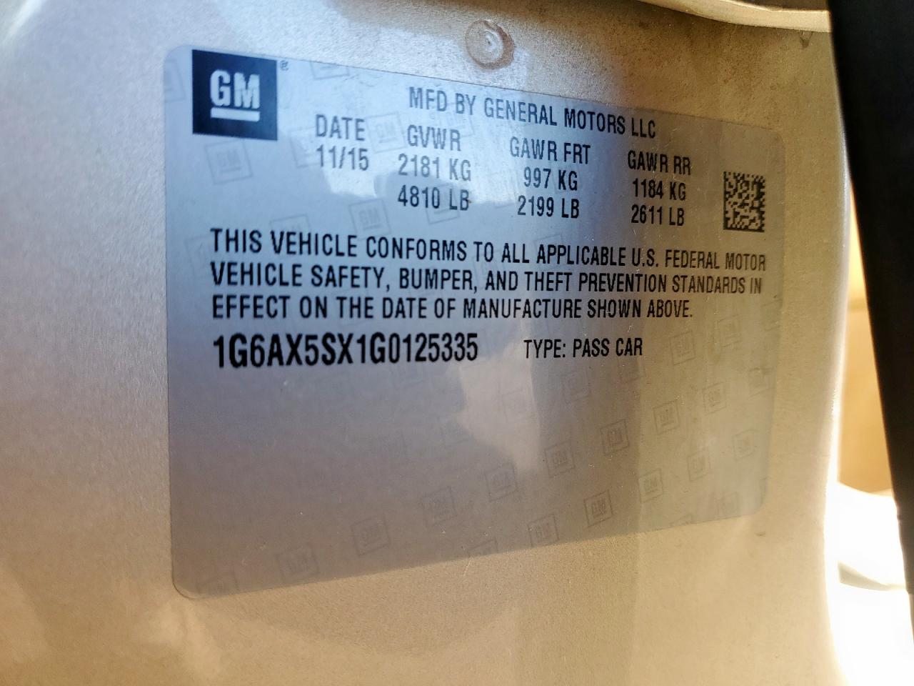 2016 Cadillac Cts Luxury Collection VIN: 1G6AX5SX1G0125335 Lot: 90362335