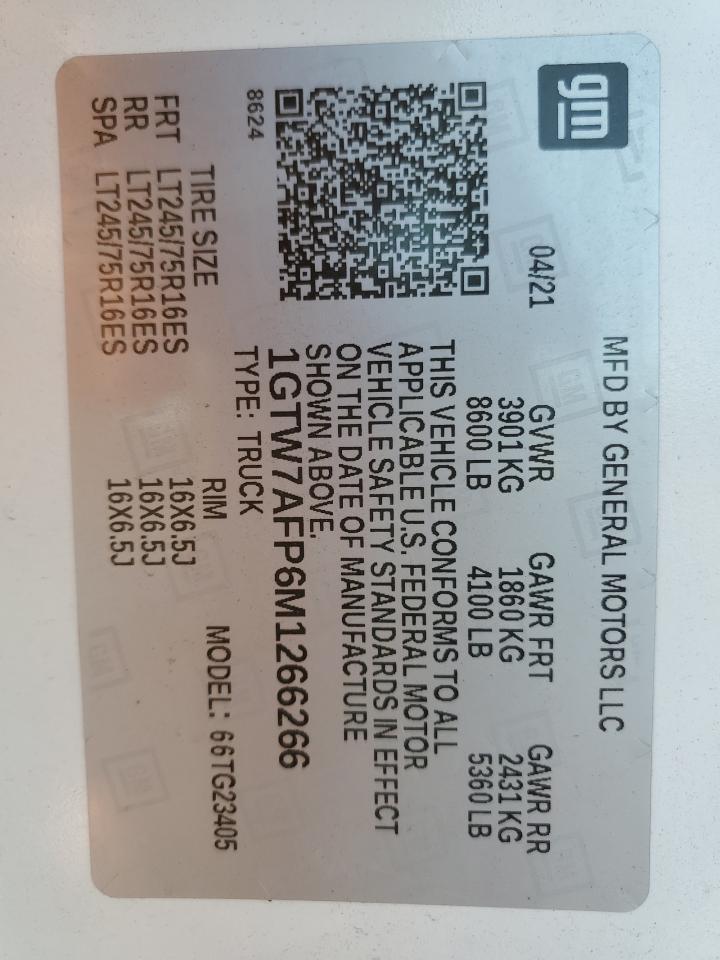 2021 GMC Savana G2500 VIN: 1GTW7AFP6M1266266 Lot: 84936655