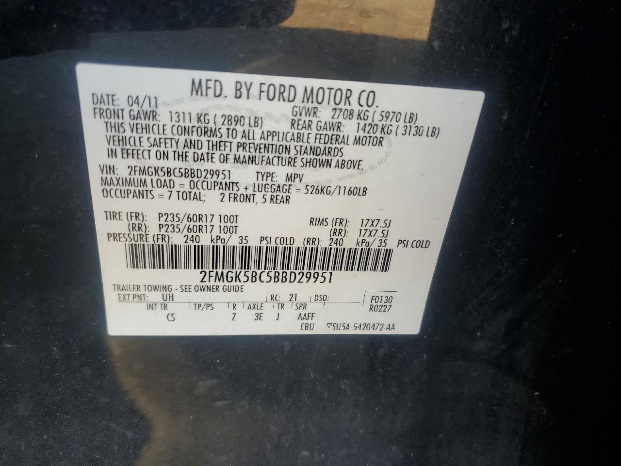 2011 Ford Flex Se VIN: 2FMGK5BC5BBD29951 Lot: 85489195