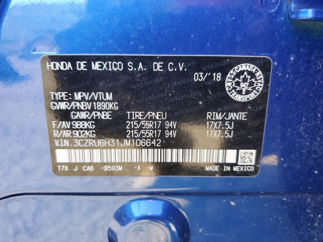 2018 Honda Hr-V Lx VIN: 3CZRU6H31JM106642 Lot: 84262435