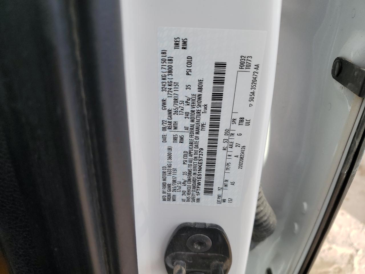 2022 Ford F150 Supercrew VIN: 1FTFW1E51NKE57379 Lot: 87165475