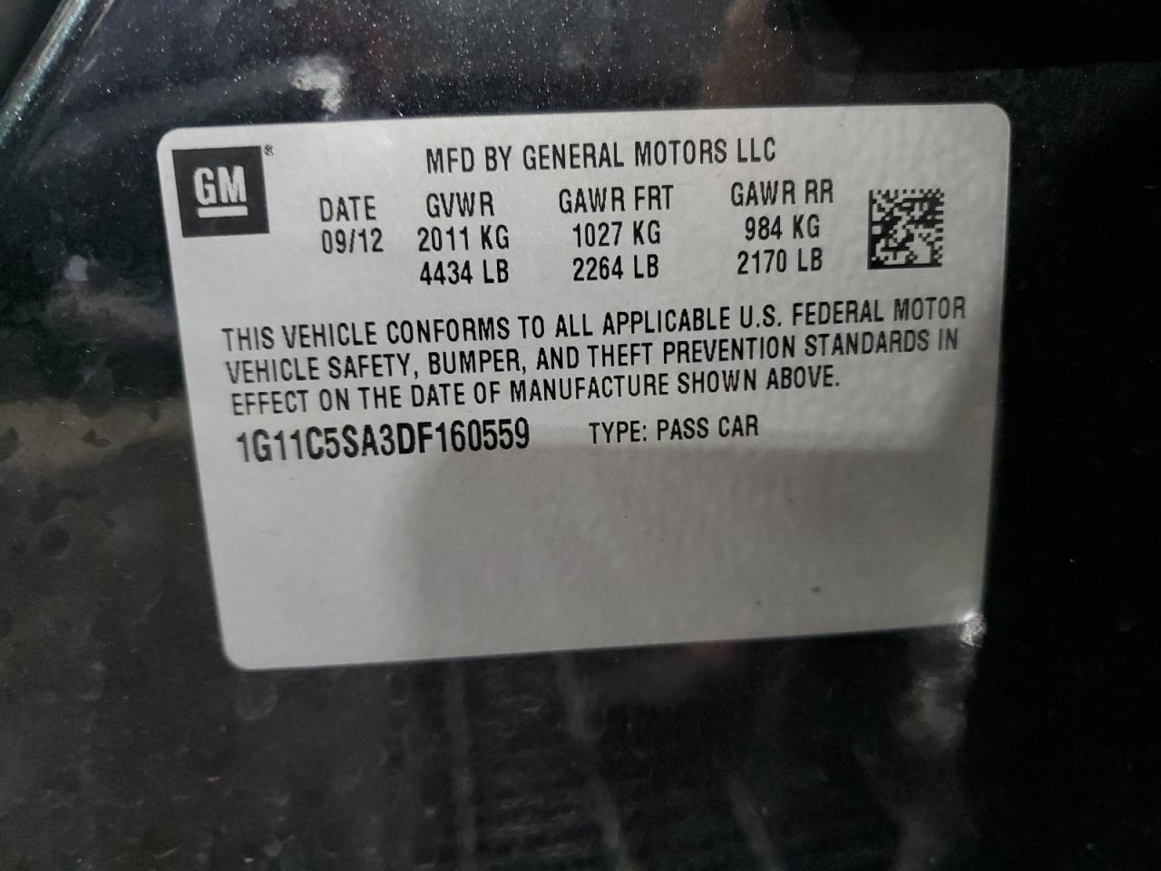 2013 Chevrolet Malibu 1Lt VIN: 1G11C5SA3DF160559 Lot: 85125345