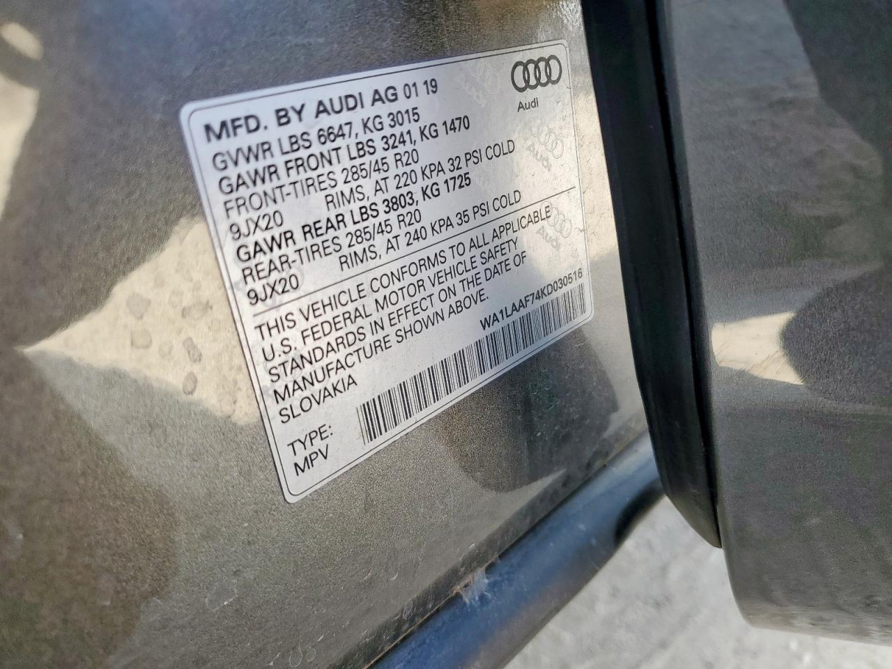 2019 Audi Q7 Premium Plus VIN: WA1LAAF74KD030516 Lot: 86145515
