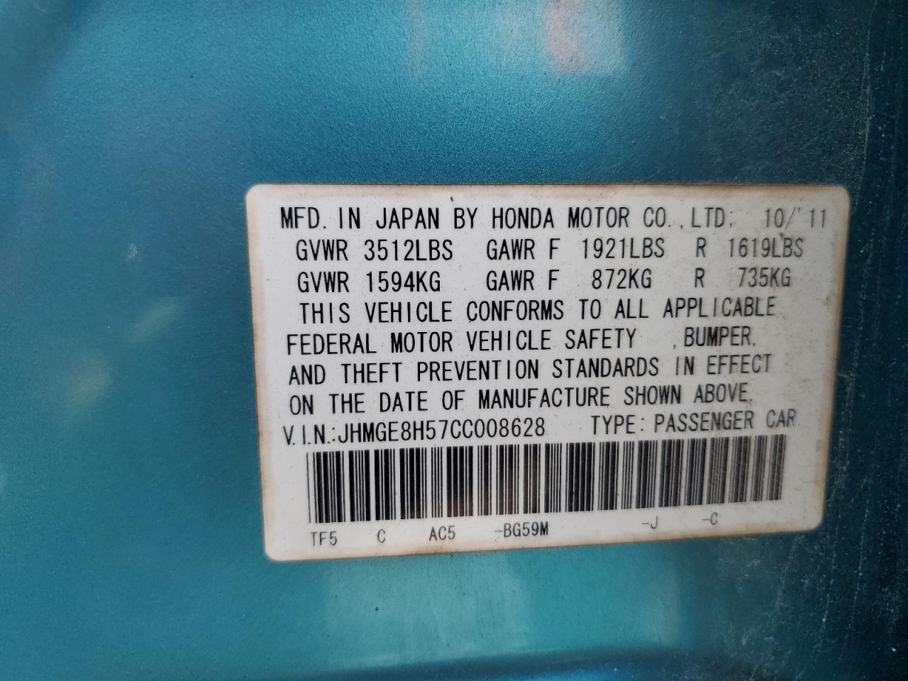 2012 Honda Fit Sport VIN: JHMGE8H57CC008628 Lot: 82398135