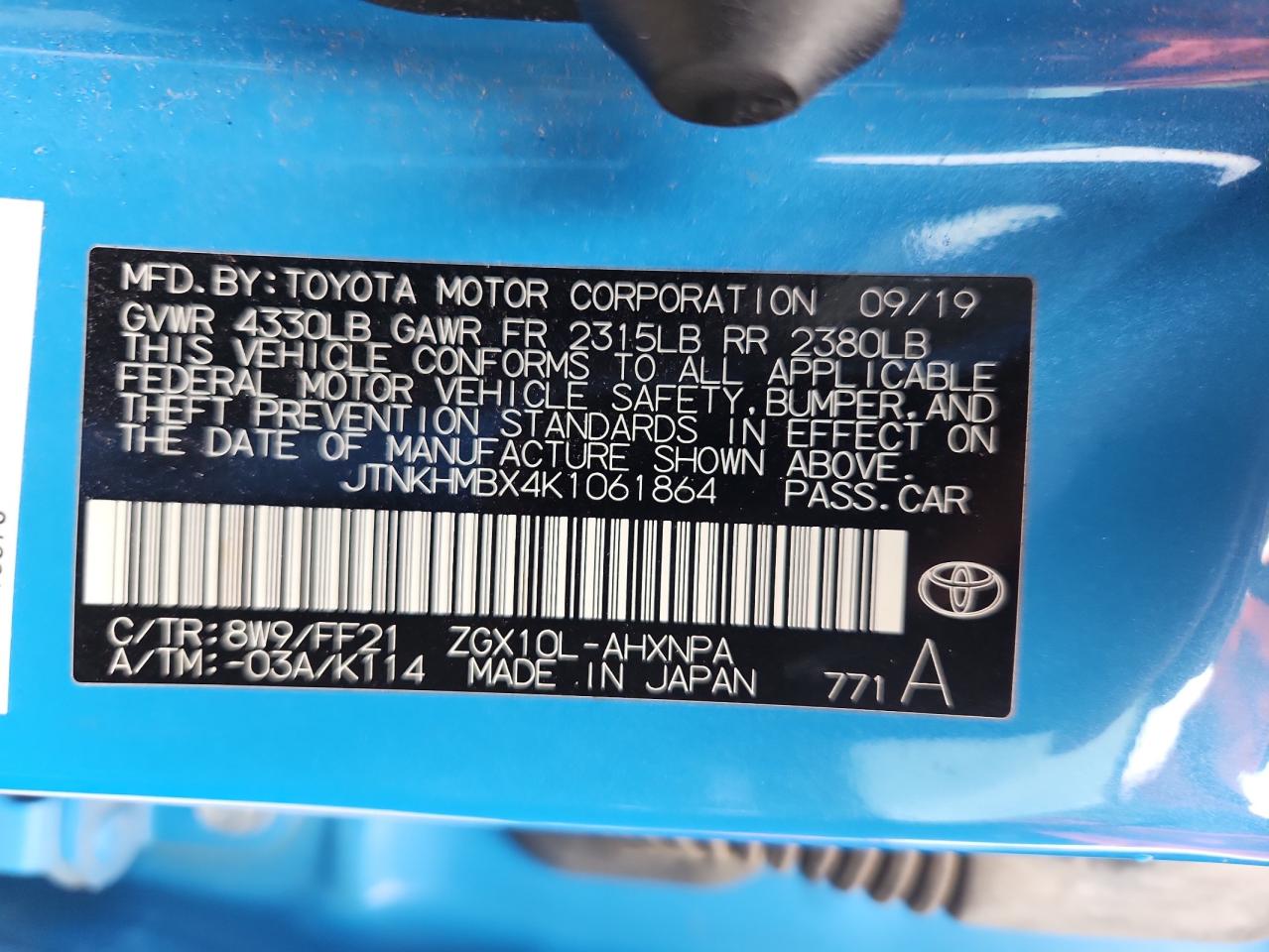 2019 Toyota C-Hr Xle VIN: JTNKHMBX4K1061864 Lot: 86323865