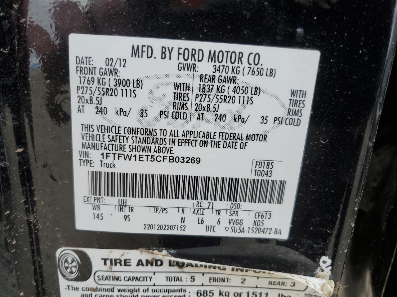 2012 Ford F150 Supercrew VIN: 1FTFW1ET5CFB03269 Lot: 80119255