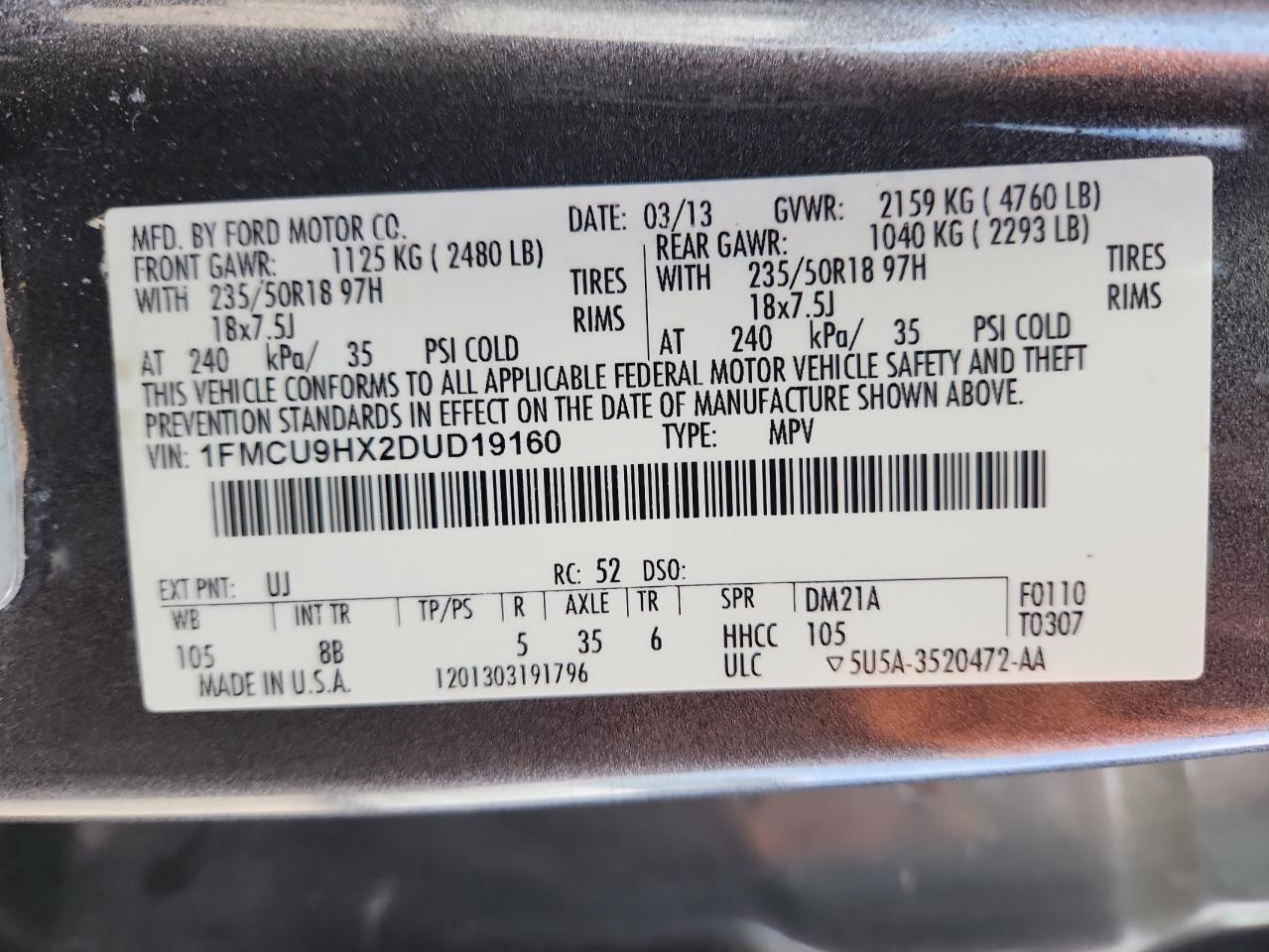 2013 Ford Escape Sel VIN: 1FMCU9HX2DUD19160 Lot: 89634575