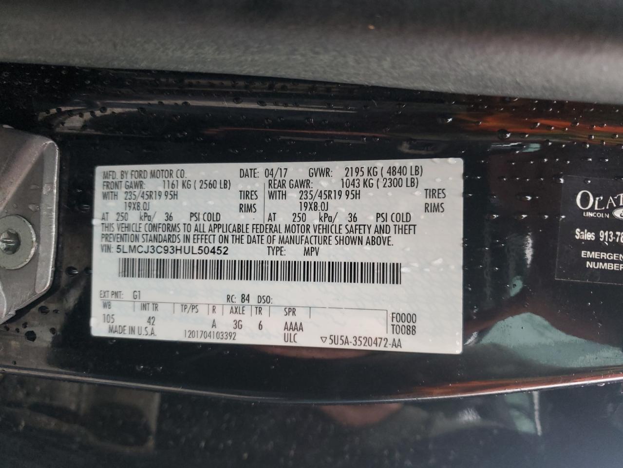2017 Lincoln Mkc Reserve VIN: 5LMCJ3C93HUL50452 Lot: 90126765