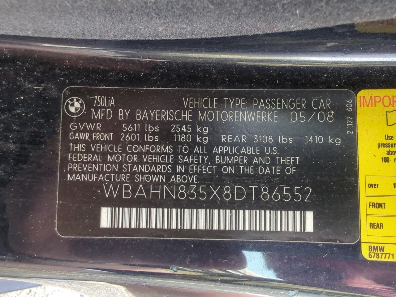 2008 BMW 750 Li VIN: WBAHN835X8DT86552 Lot: 85068845