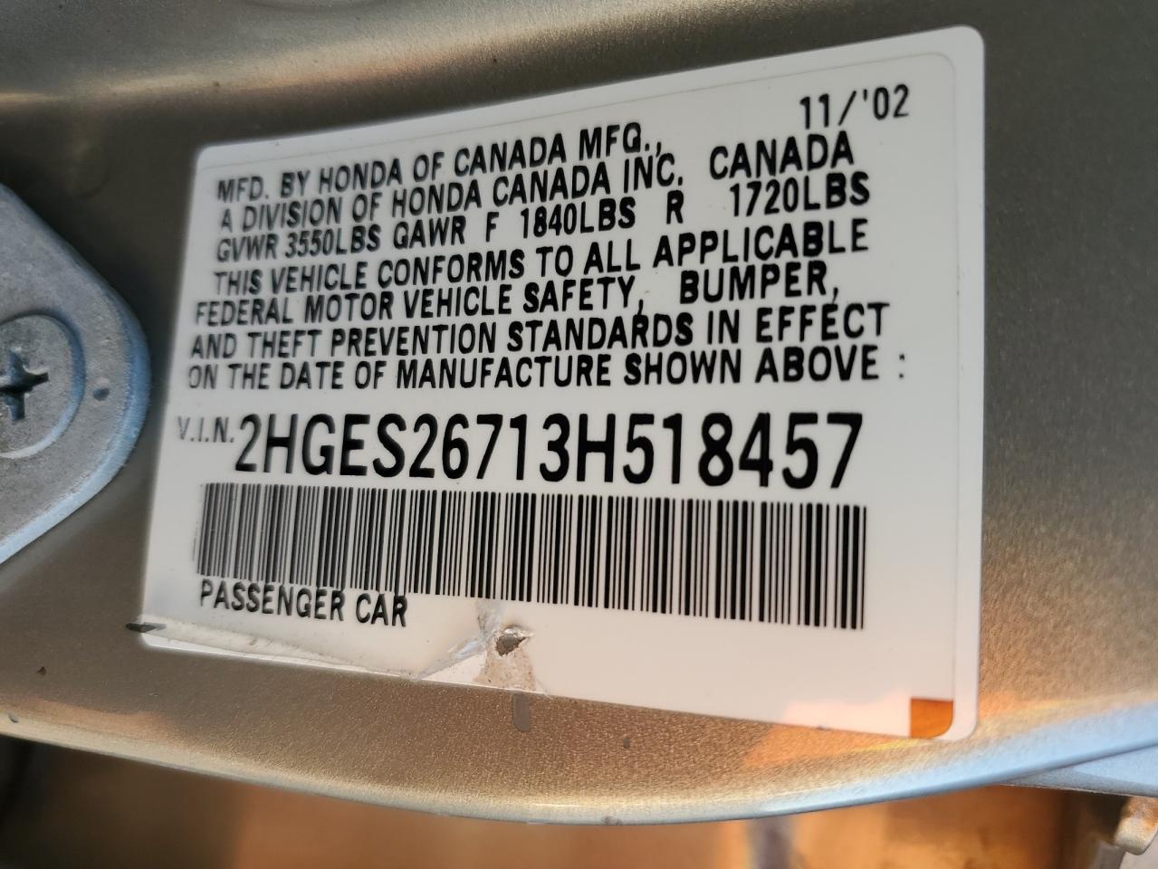 2003 Honda Civic Ex VIN: 2HGES26713H518457 Lot: 87178495