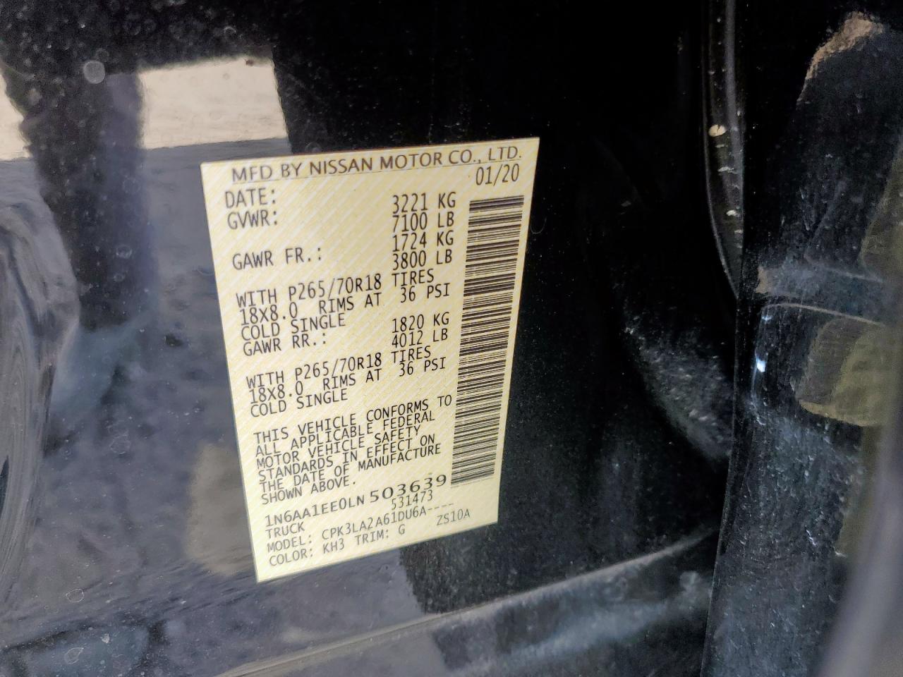 2020 Nissan Titan S VIN: 1N6AA1EE0LN503639 Lot: 82302455