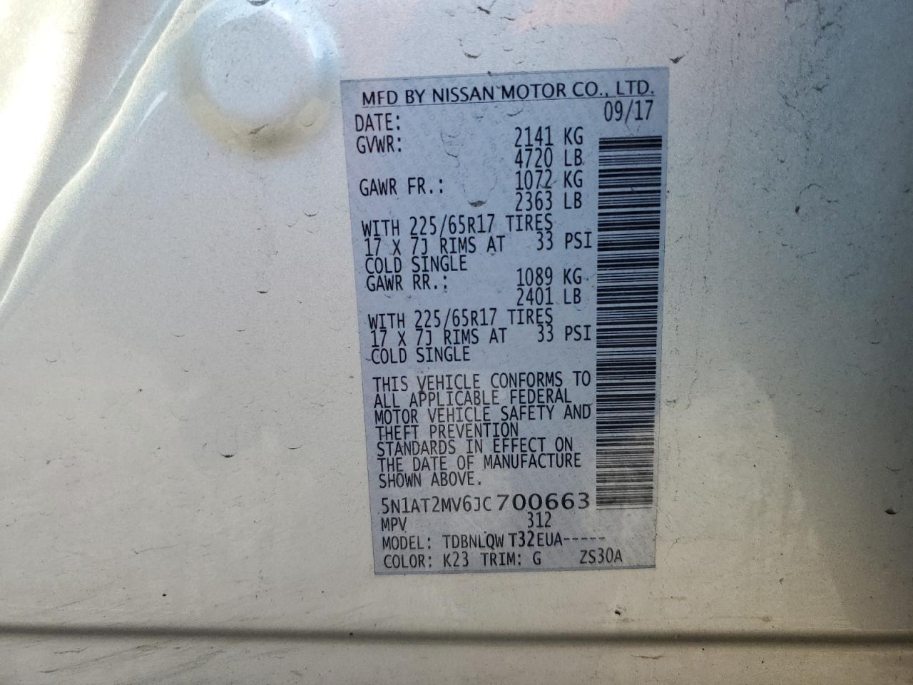 2018 Nissan Rogue S VIN: 5N1AT2MV6JC700663 Lot: 84887765